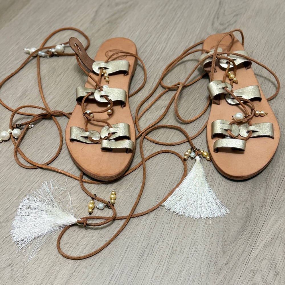 Greek Leather Lace-Up Gladiator Sandals Boho Tassel Pearl Flat EU 41